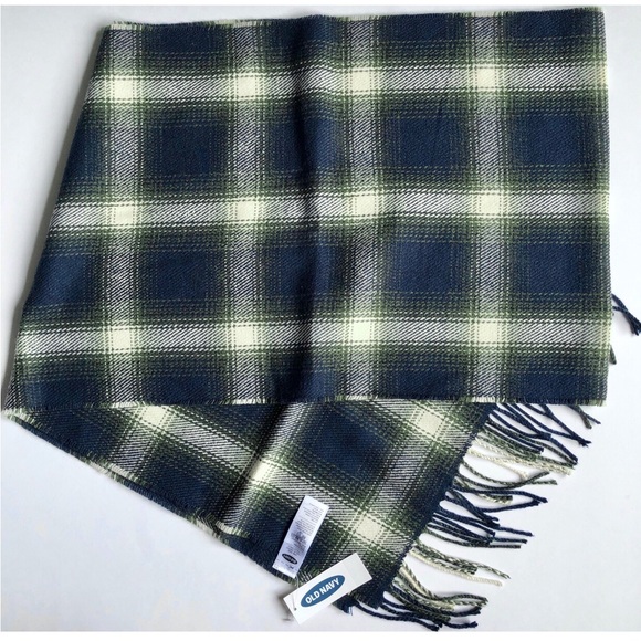 NEW OLD NAVY Plaid Neck Scarf Fringed Hems Blue Green 76” x 13” Men’s UNISEX - Picture 2 of 12